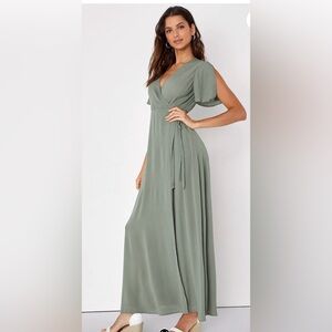 Much Obliged Washed Olive Green Wrap Maxi Dress